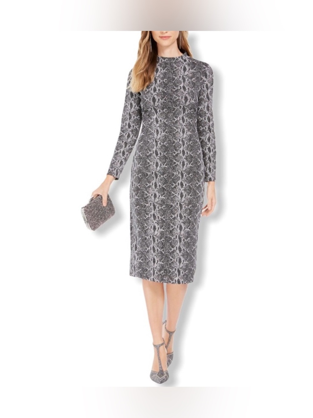 NWT! INC International Concepts Grey Snake-Print Long Sleeve Midi Dress Size 6
